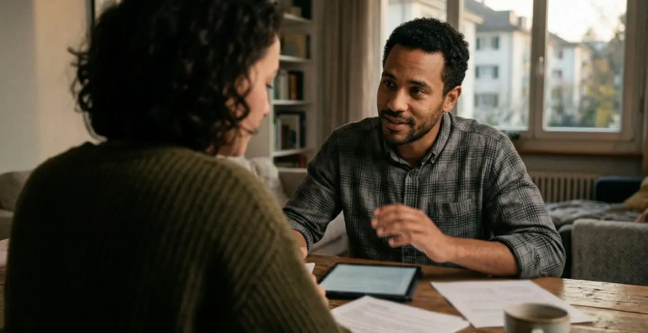 Un couple trentenaire discute autour d'une table avec des documents flous devant eux, dans un intérieur d'appartement moderne suisse