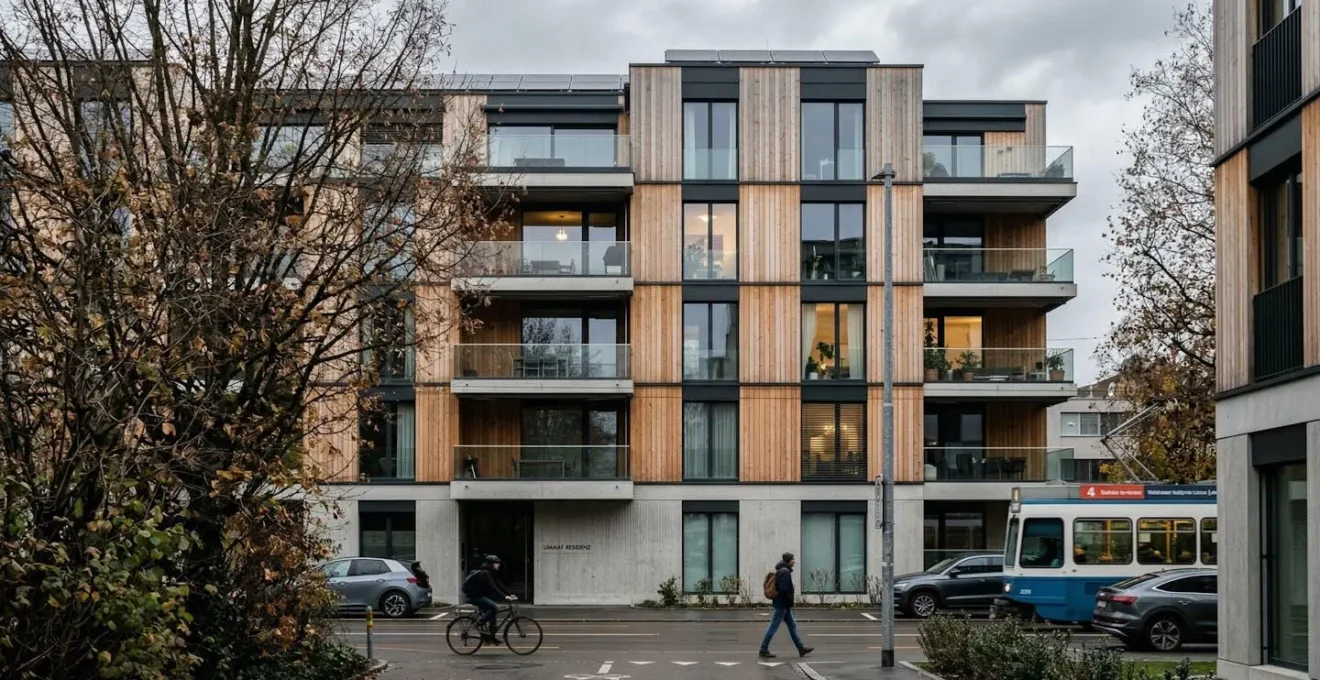 Façade d'un immeuble résidentiel moderne de style architectural suisse contemporain, ciel nuageux en arrière-plan