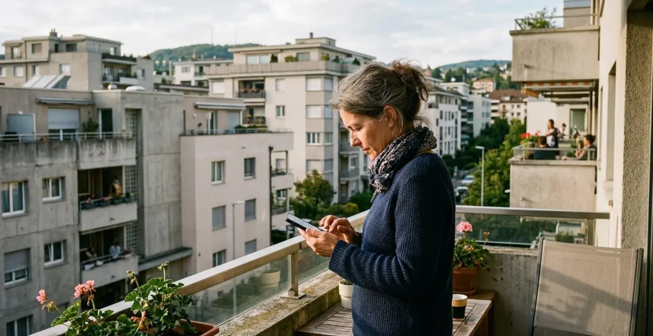 Une femme d'âge mûr consulte son smartphone appuyée contre la rambarde d'un balcon, avec des immeubles résidentiels lausannois en arrière-plan