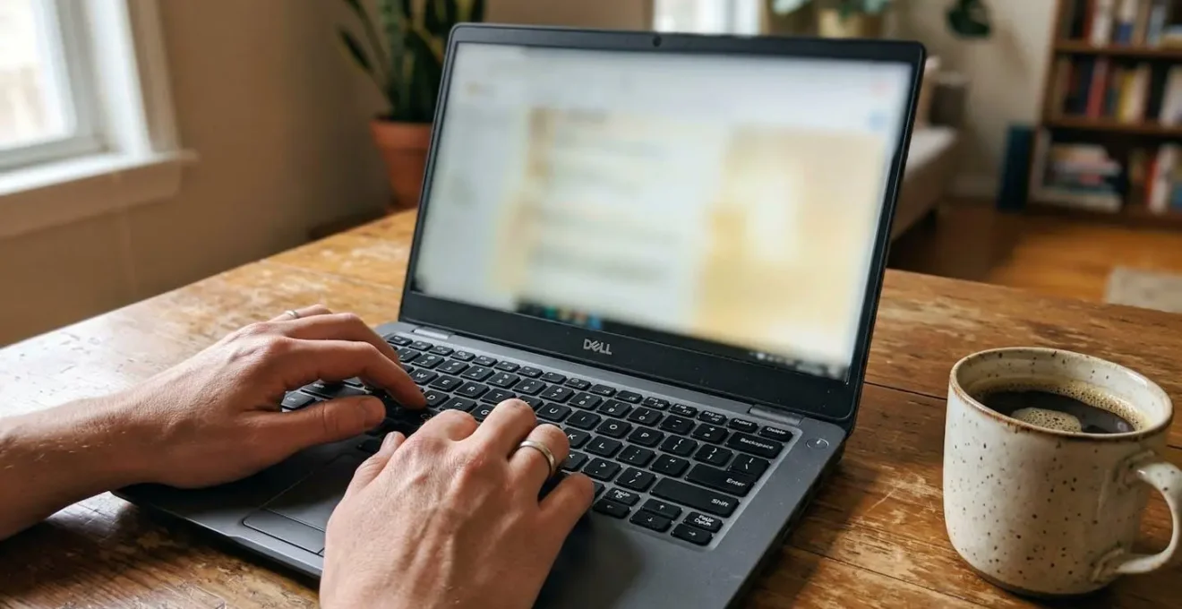 Des mains tapent sur un clavier d'ordinateur portable, l'écran est totalement flouté, une tasse de café est posée à côté sur un bureau en bois