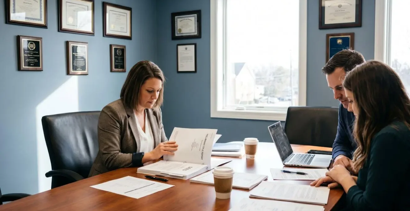 Bureau de title company avec documents de closing immobilier et agent vérifiant les titres de propriété