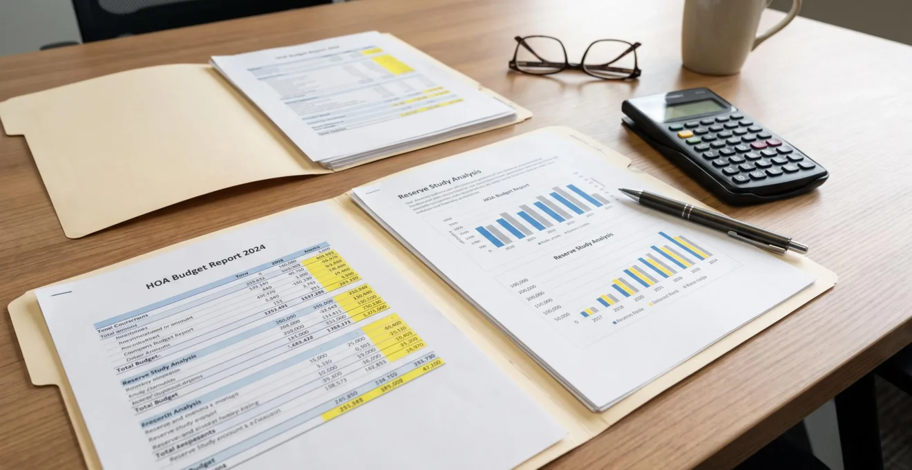 Documents financiers de copropriété HOA étalés sur un bureau pour analyse budgétaire avec calculatrice et surligneur