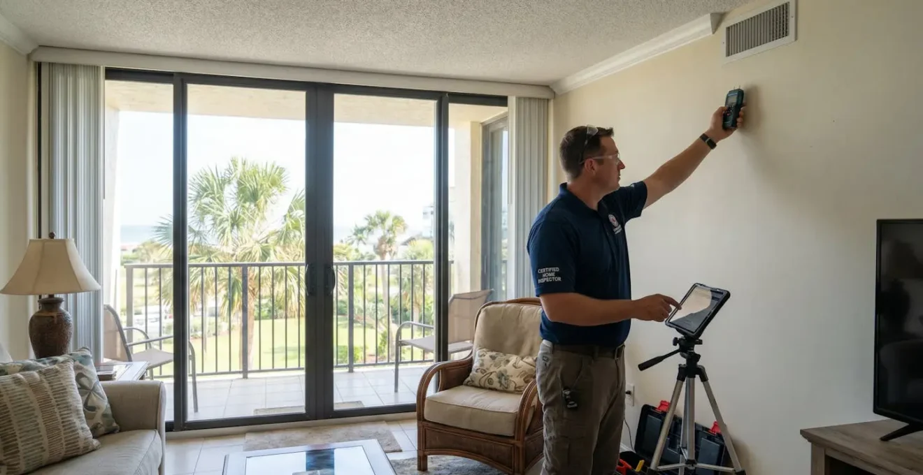 Inspecteur immobilier certifié examinant les systèmes HVAC d'un condominium en Floride avec des outils de mesure professionnels