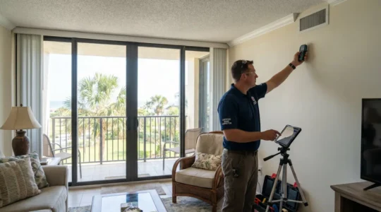 Inspecteur immobilier certifié examinant les systèmes HVAC d'un condominium en Floride avec des outils de mesure professionnels